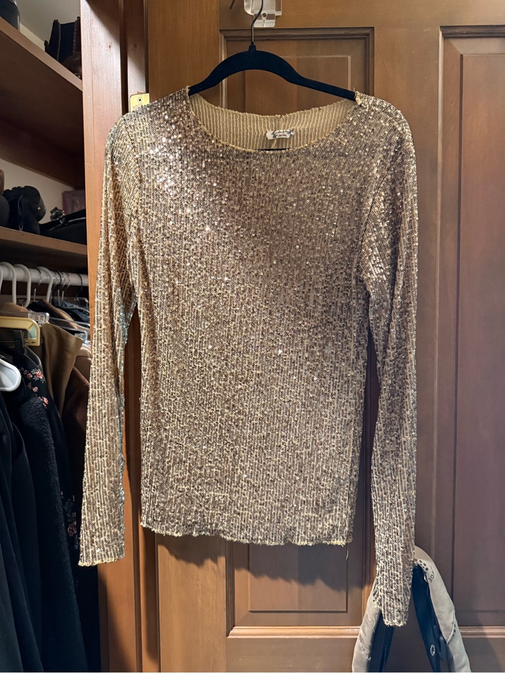 Free People Gold Sequin Long-Sleeve Crewneck Top
